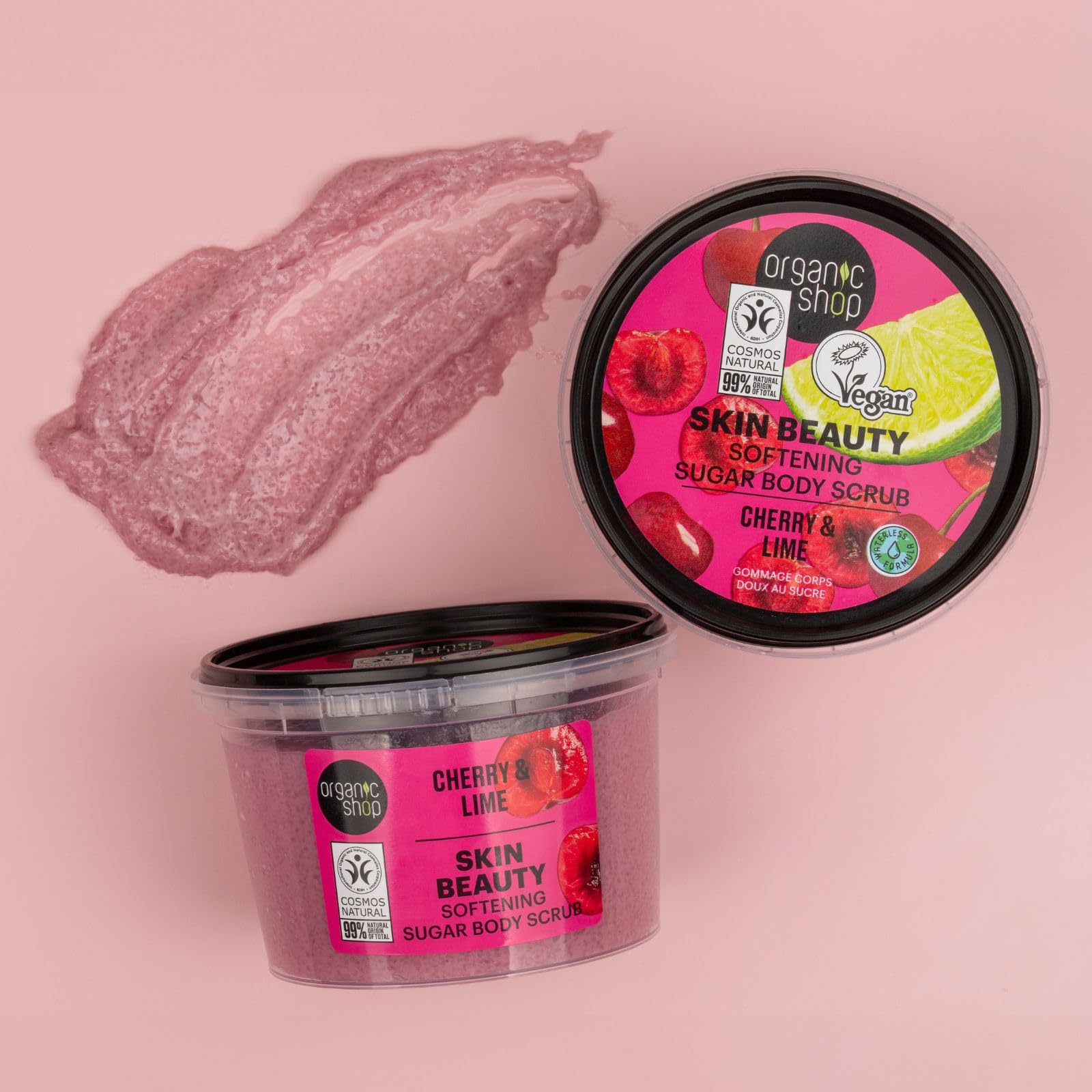 Organic Shop Cherry & Lime, Sugar Softening & Exfoliating Body Scrub, 100% Vegan & Organic, Daily Exfoliant, Detox & Moisturizer, Body, Face, Hand & Foot, Intensive Care & Skin Toning. 250ml.
